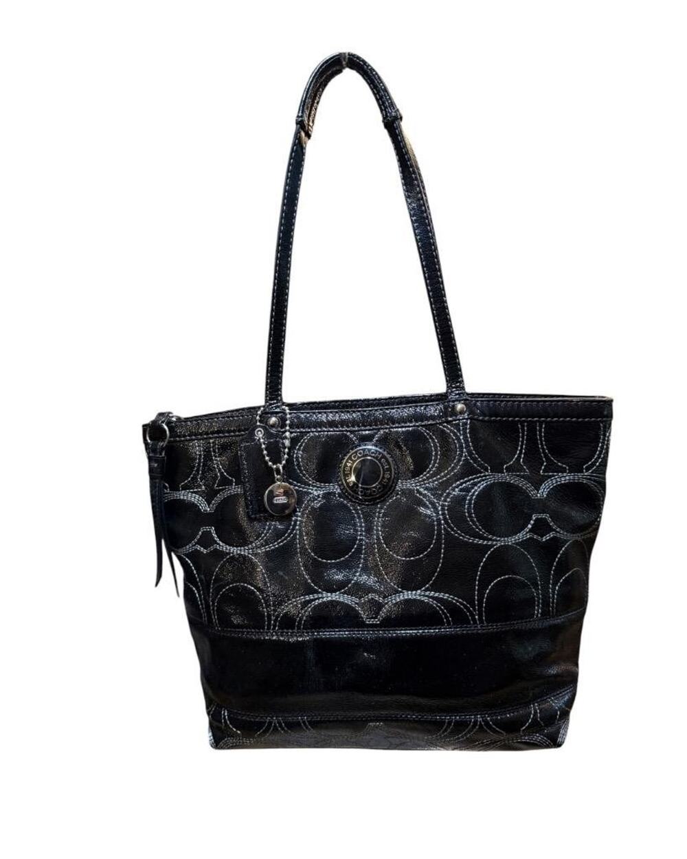 Coach Black Patent Leather Signature Stitched Shoulder Bag F19198